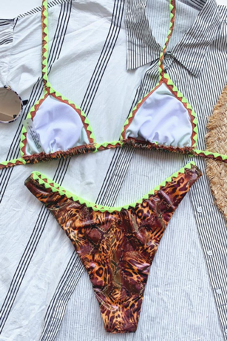 Sexy Abstract Leopard Print Bikini Lime Trim