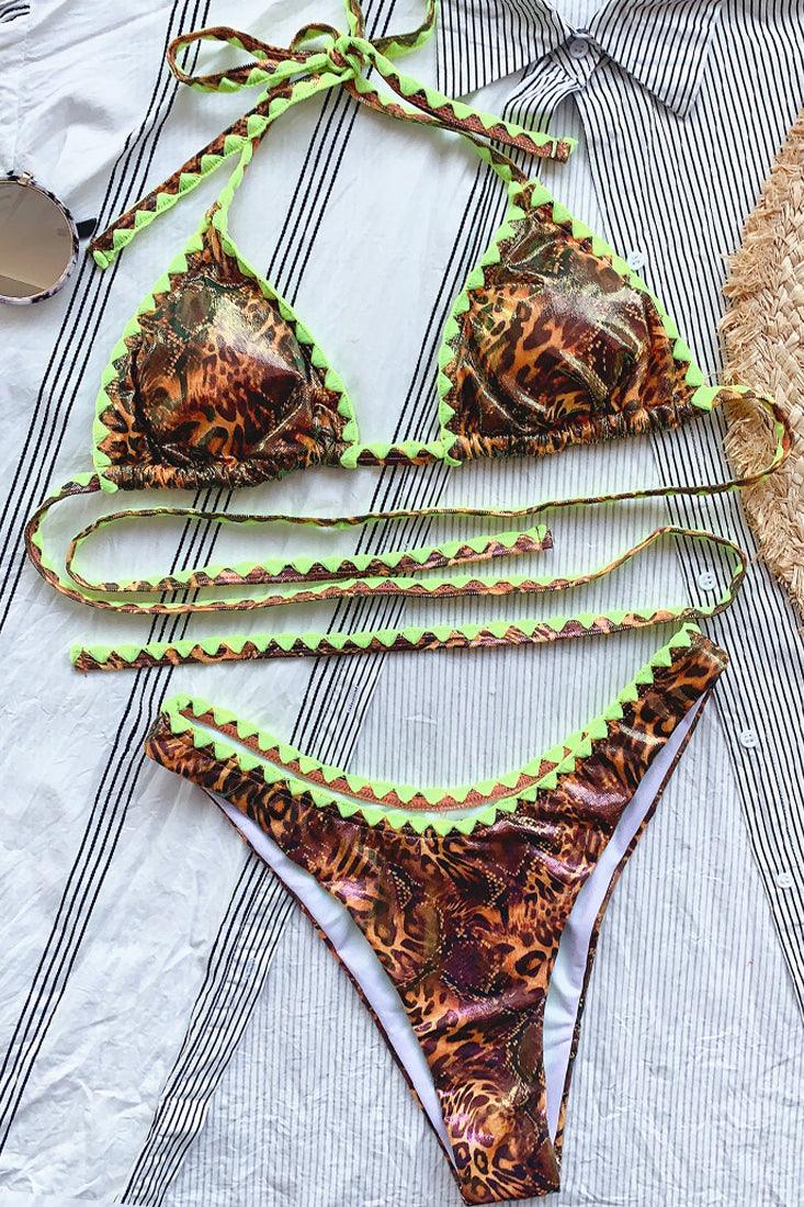 Sexy Abstract Leopard Print Bikini Lime Trim