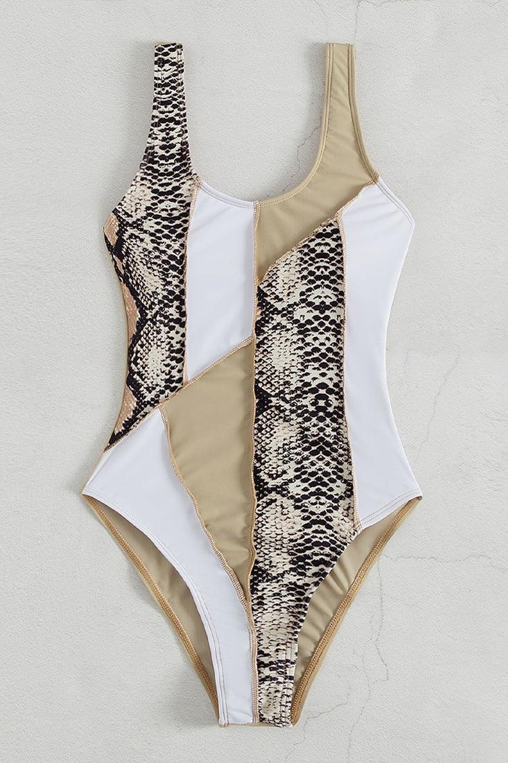 Sexy Beige Snake Print Tri Color Monokini