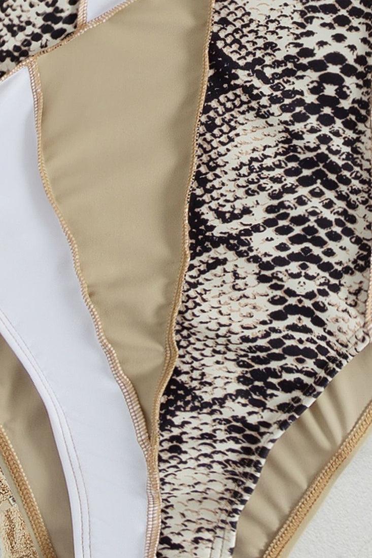 Sexy Beige Snake Print Tri Color Monokini