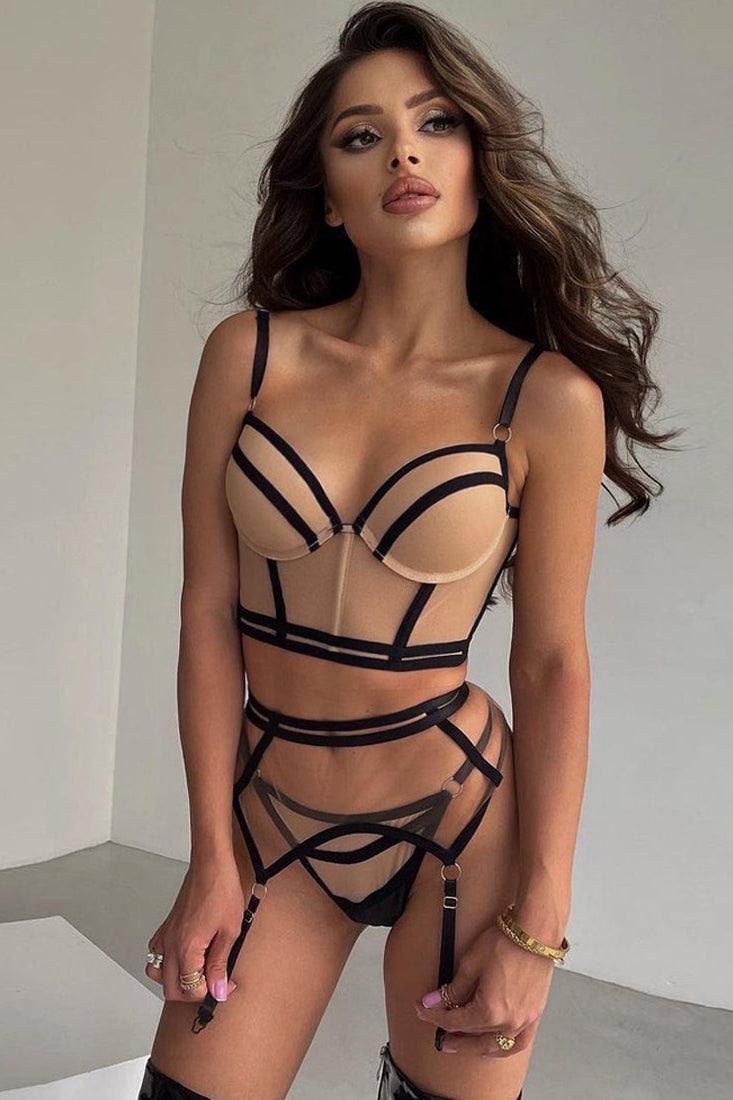 Sexy Beige Strappy Mesh Lingerie 3 Pc Set