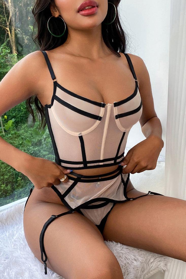 Sexy Beige Strappy Mesh Lingerie 3 Pc Set