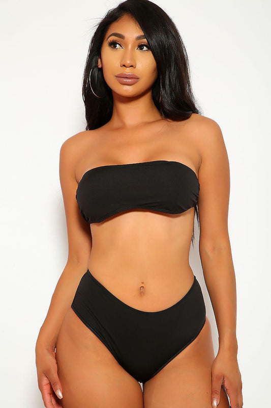 Sexy Black Bandeau High Waist Two Piece Swimsuit - Babewear