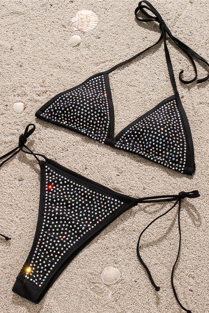 Sexy Black Blinged Out Rhinestone Strappy 2 Pc Swimsuit