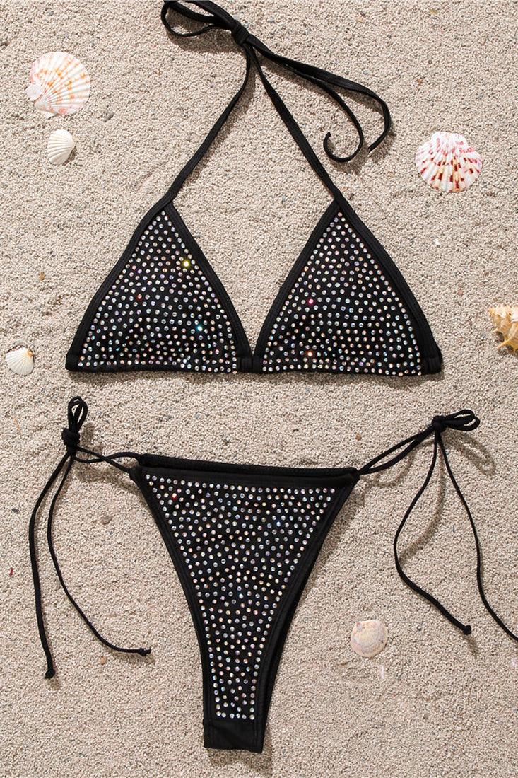 Sexy Black Blinged Out Rhinestone Strappy 2 Pc Swimsuit