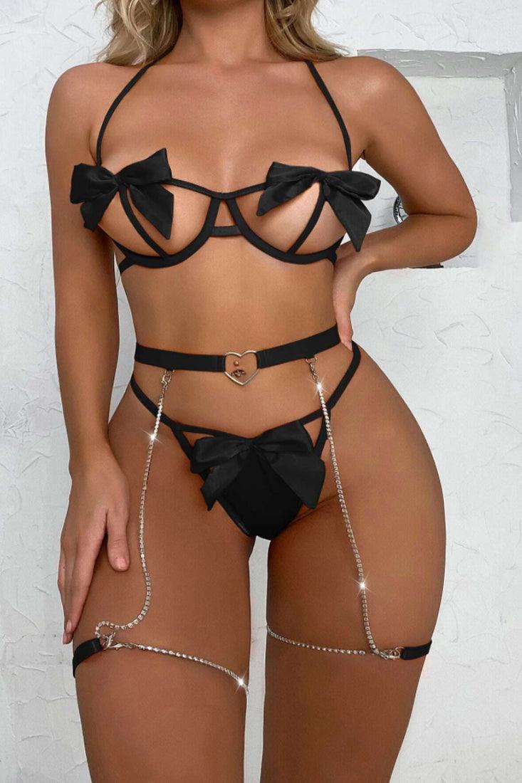 Sexy Black Bow Rhinestone Heart Garter 3 Pc Lingerie Set