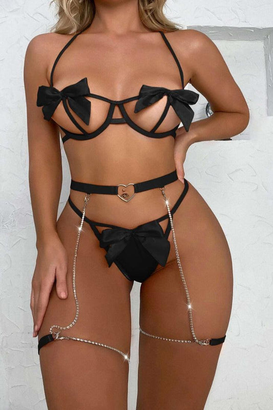 Sexy Black Bow Rhinestone Heart Garter 3 Pc Lingerie Set