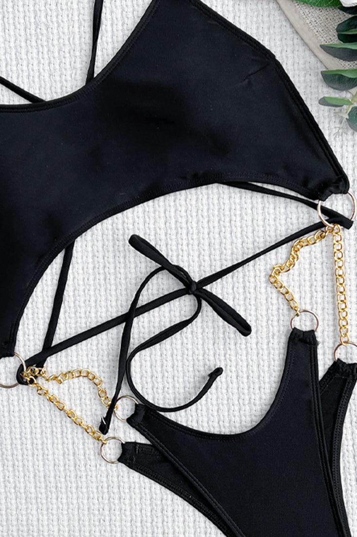 Sexy Black Chain Accent Strappy One Pc Bikini