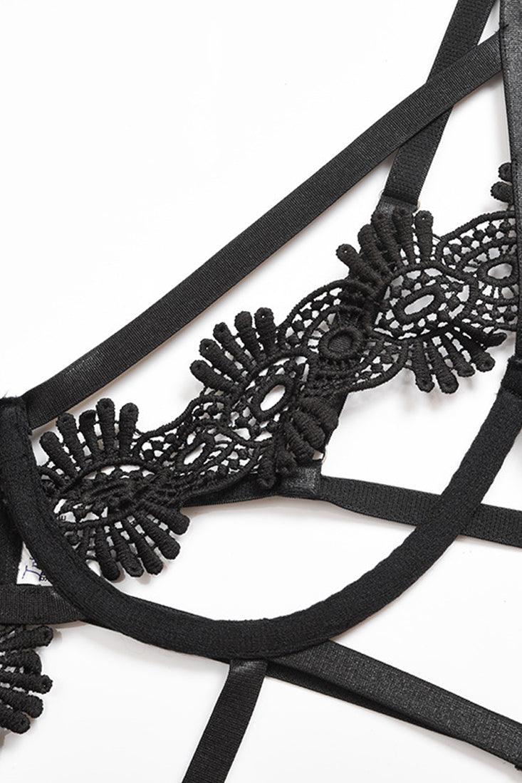 Sexy Black Crochet Strappy Bodysuit Lingerie