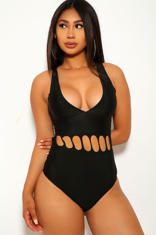 Sexy Black Cut Out Detailed V-Cut One Piece Swimsuit