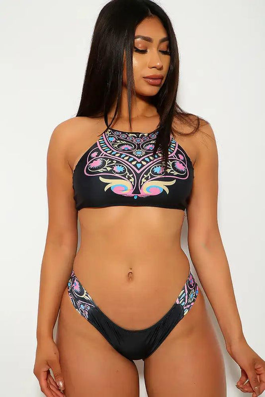 Sexy Black Ethnic Print Halter Two Piece Swimsuit