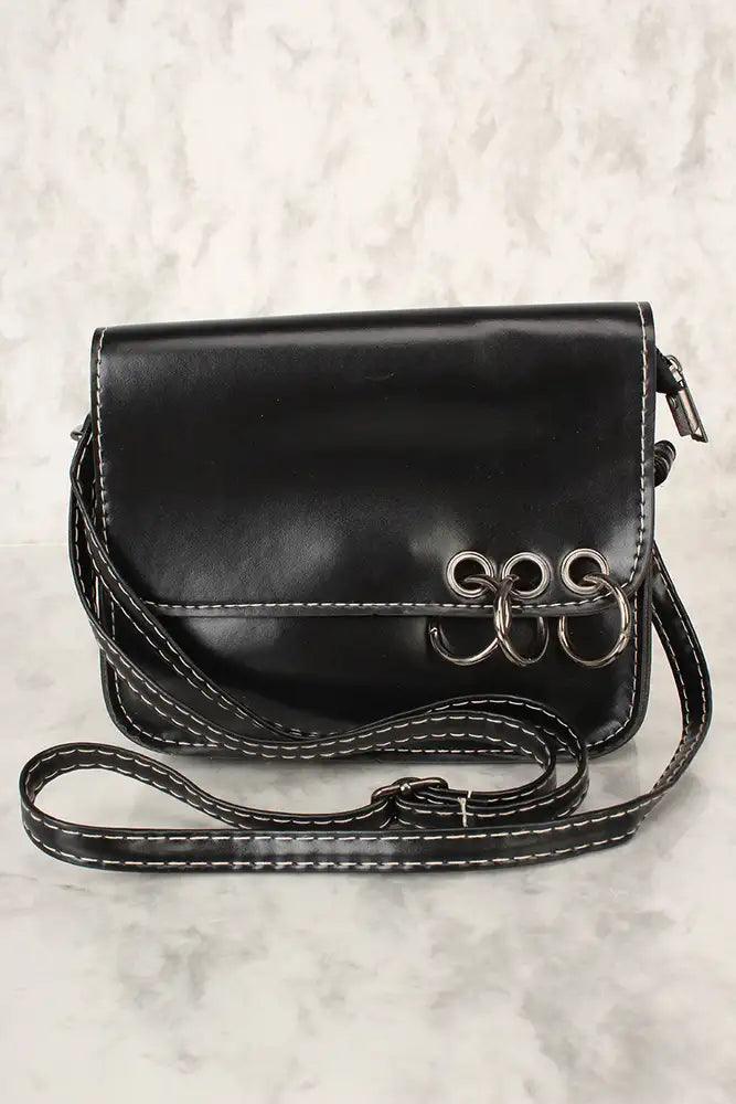 Sexy Black Faux Leather O-Ring Accent Small Shoulder Handbag - Babewear