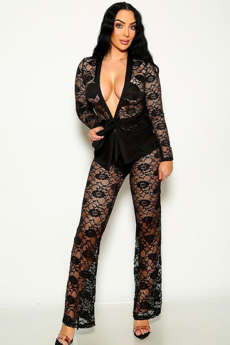 Sexy Black Floral Lace Tie Waist 3 Pc Set