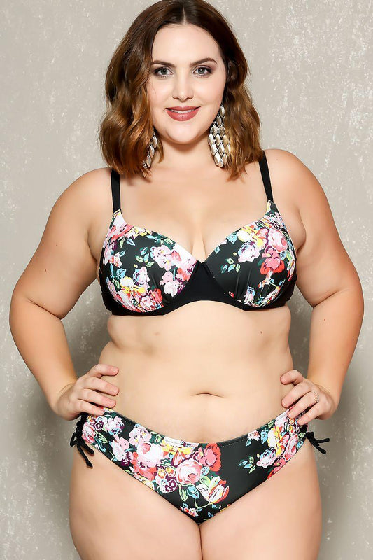 Sexy Black Floral Print Push Up 2Pc. Plus Size Swimsuit