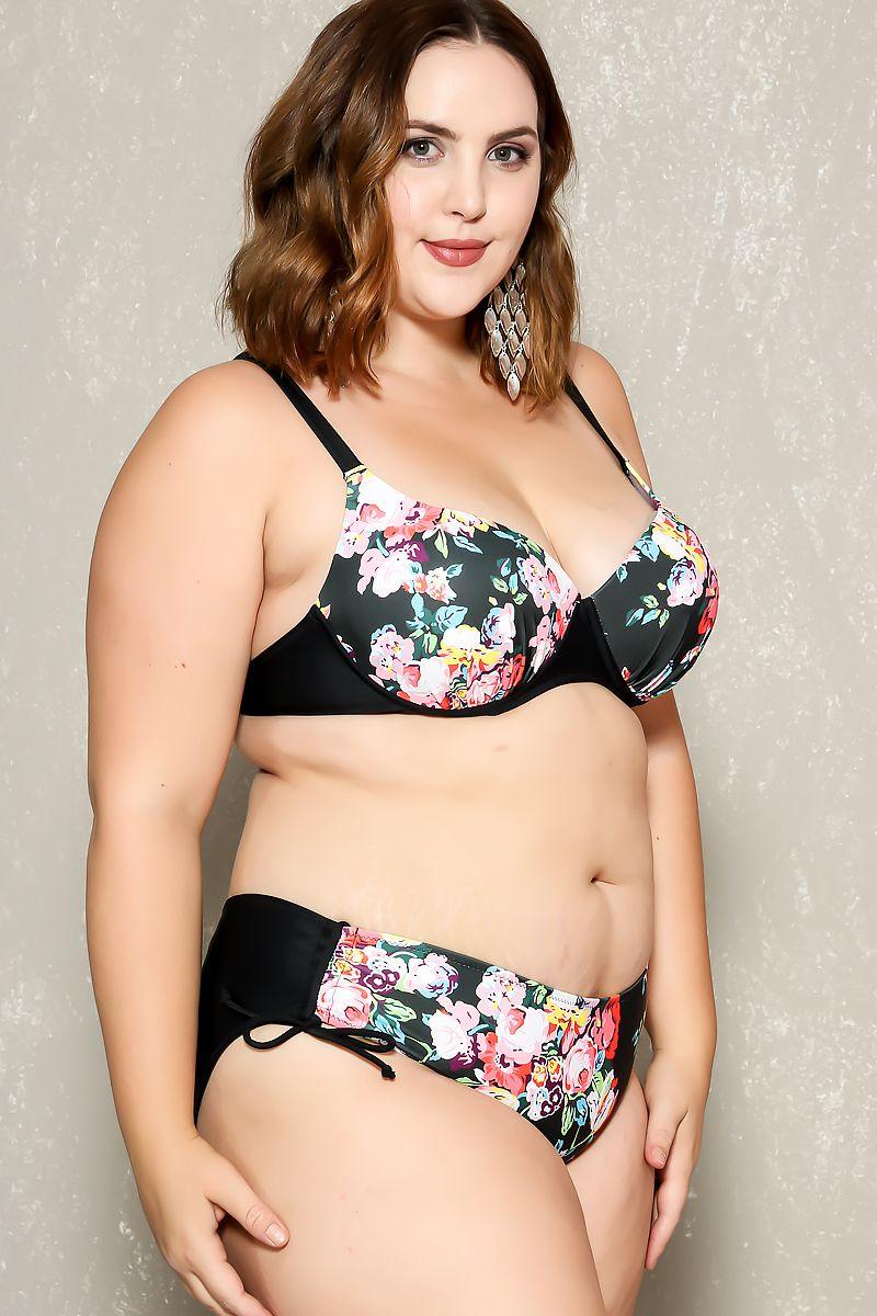 Sexy Black Floral Print Push Up 2Pc. Plus Size Swimsuit