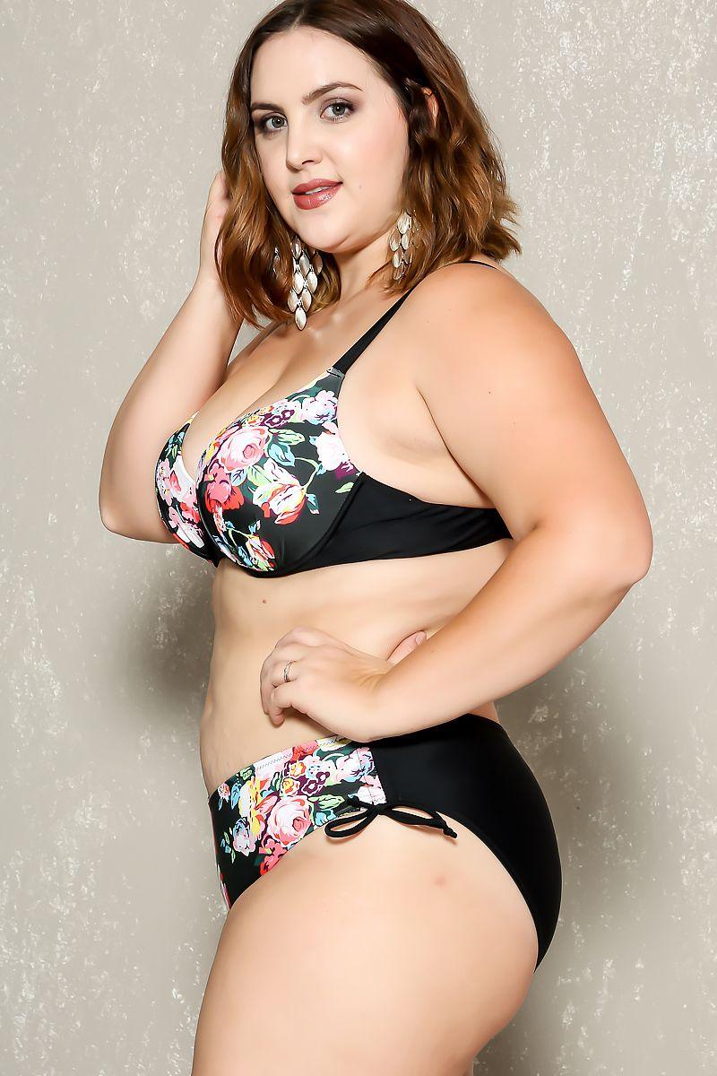 Sexy Black Floral Print Push Up 2Pc. Plus Size Swimsuit