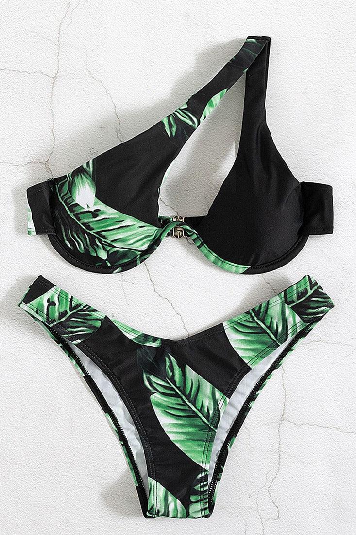 Sexy Black Green Tropical Leaf Print 2pc Bikini