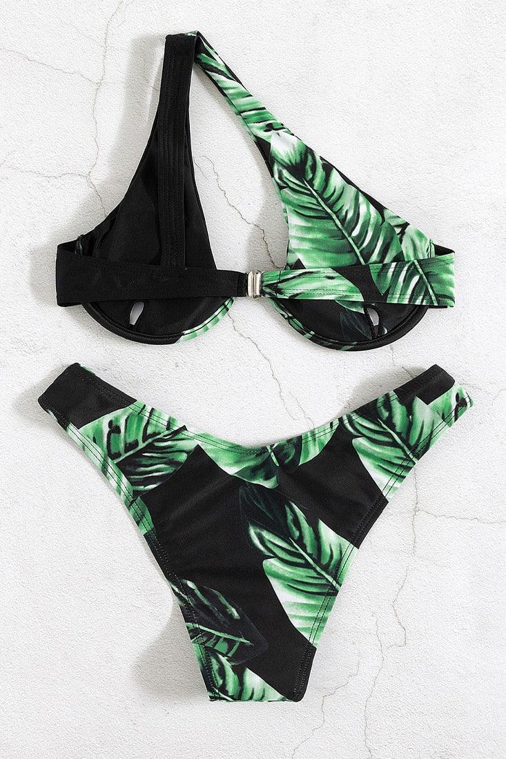 Sexy Black Green Tropical Leaf Print 2pc Bikini