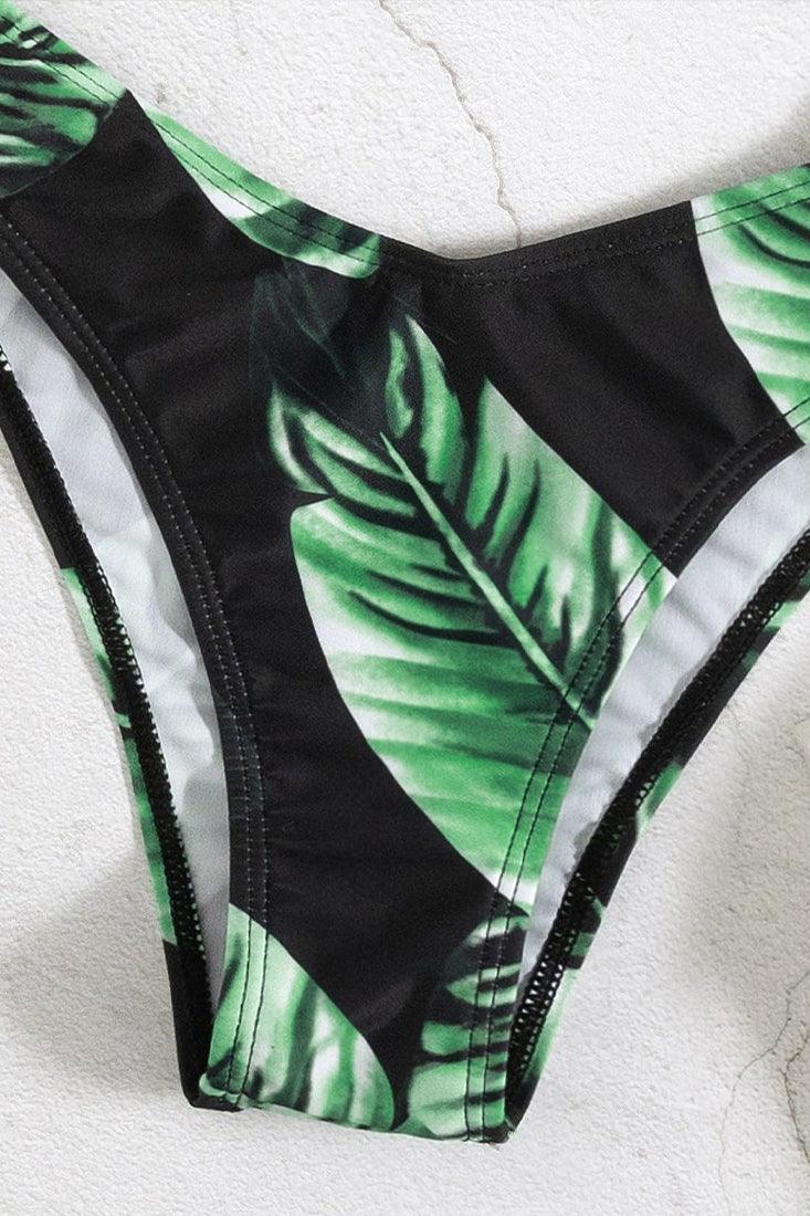 Sexy Black Green Tropical Leaf Print 2pc Bikini