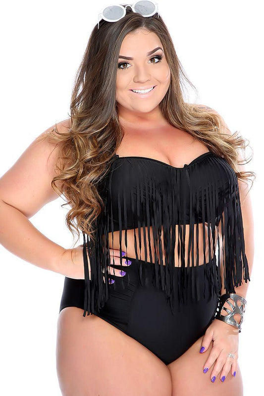 Sexy Black Padded Fringe High Waist Plus Size Swimsuit