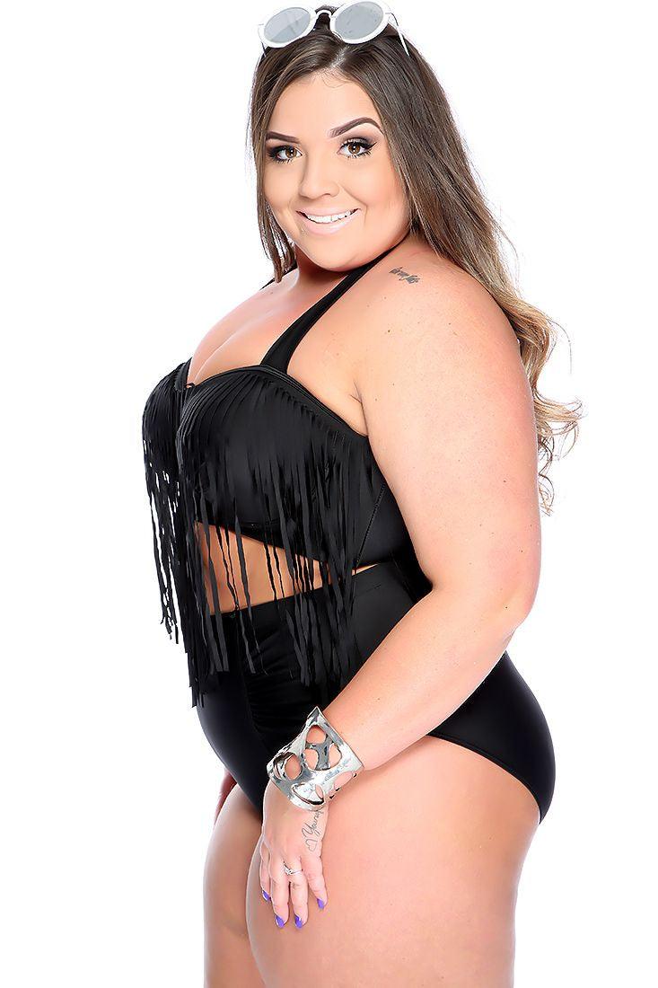 Sexy Black Padded Fringe High Waist Plus Size Swimsuit