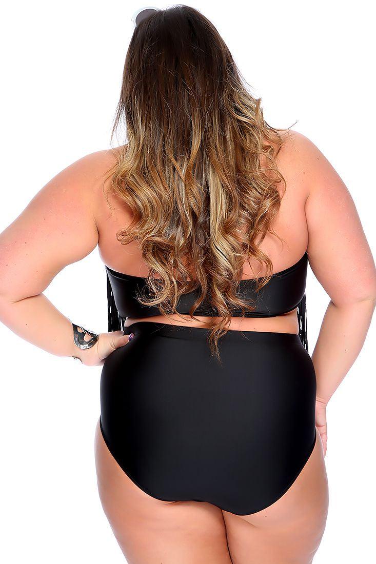 Sexy Black Padded Fringe High Waist Plus Size Swimsuit