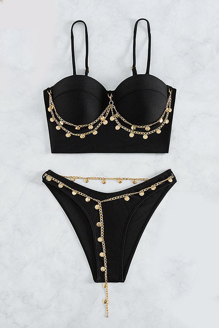 Sexy Black Padded Top 2pc Bikini With Chain Details