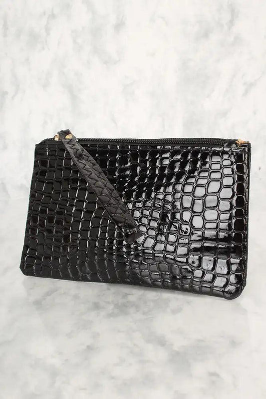 Sexy Black Patent Snake Print Wristlet Purse