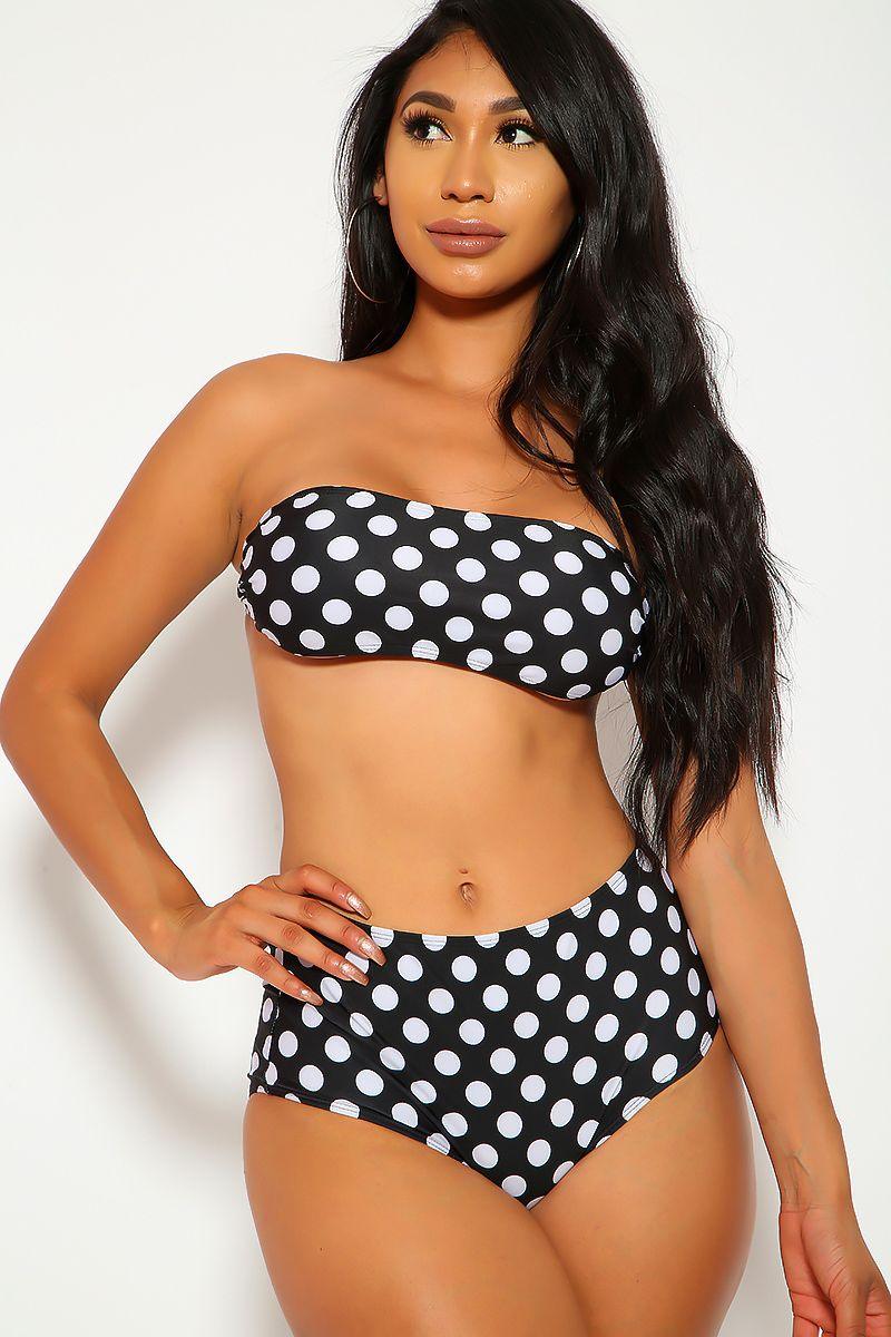 Sexy Black Polka Dot Bandeau High Waist Two Piece Swimsuit - Babewear