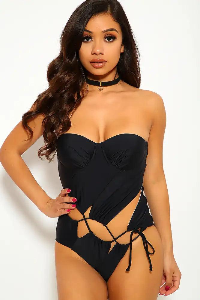 Sexy Black Push Up Lace Up Cut Out One Piece Swimsuit