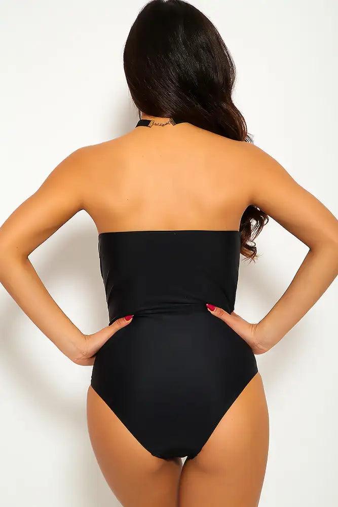 Sexy Black Push Up Lace Up Cut Out One Piece Swimsuit