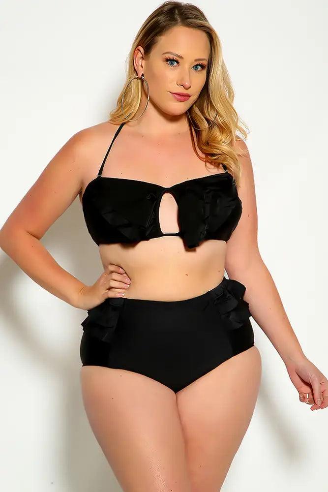 Sexy Black Ruffle Accent Padded High Waist Two Piece Plus Size Bikini