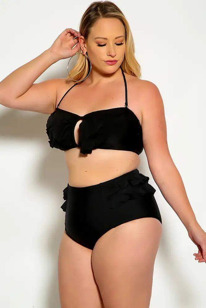 Sexy Black Ruffle Accent Padded High Waist Two Piece Plus Size Bikini