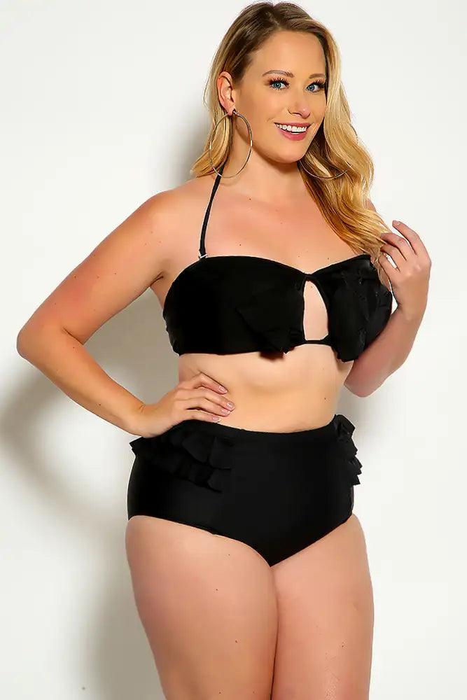 Sexy Black Ruffle Accent Padded High Waist Two Piece Plus Size Bikini