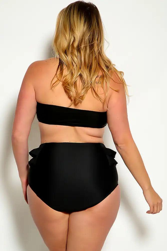 Sexy Black Ruffle Accent Padded High Waist Two Piece Plus Size Bikini