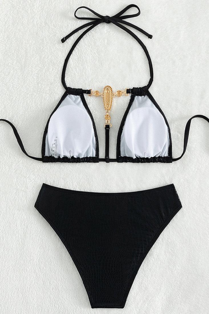 Sexy Black Shiny 2pc Bikini With Gemstone Cleavage Design