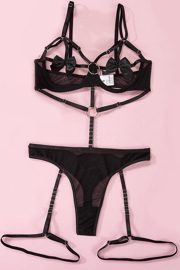 Sexy Black Strap Bow Tie Lingerie Set