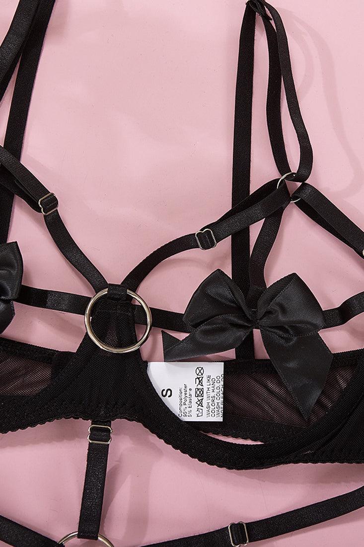 Sexy Black Strap Bow Tie Lingerie Set