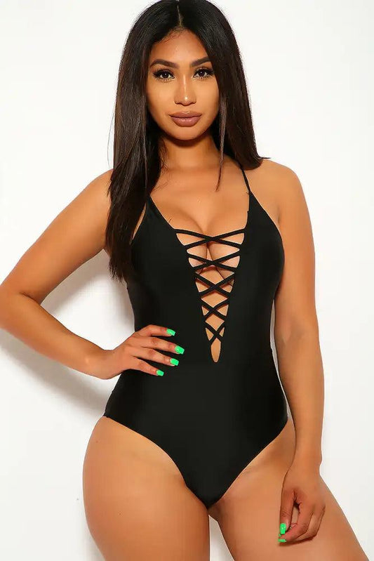 Sexy Black Strappy Caged One Piece Swimsuit