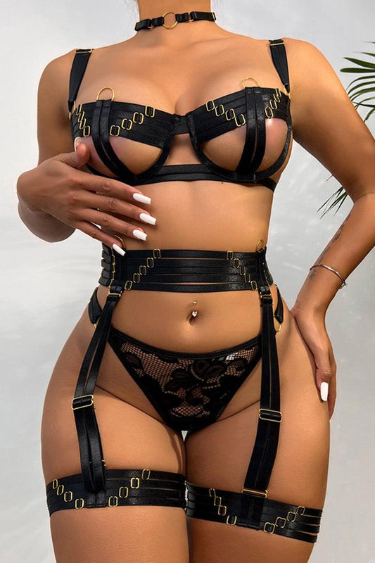 Sexy Black Strappy Cupless O-Ring Detail Lingerie Set