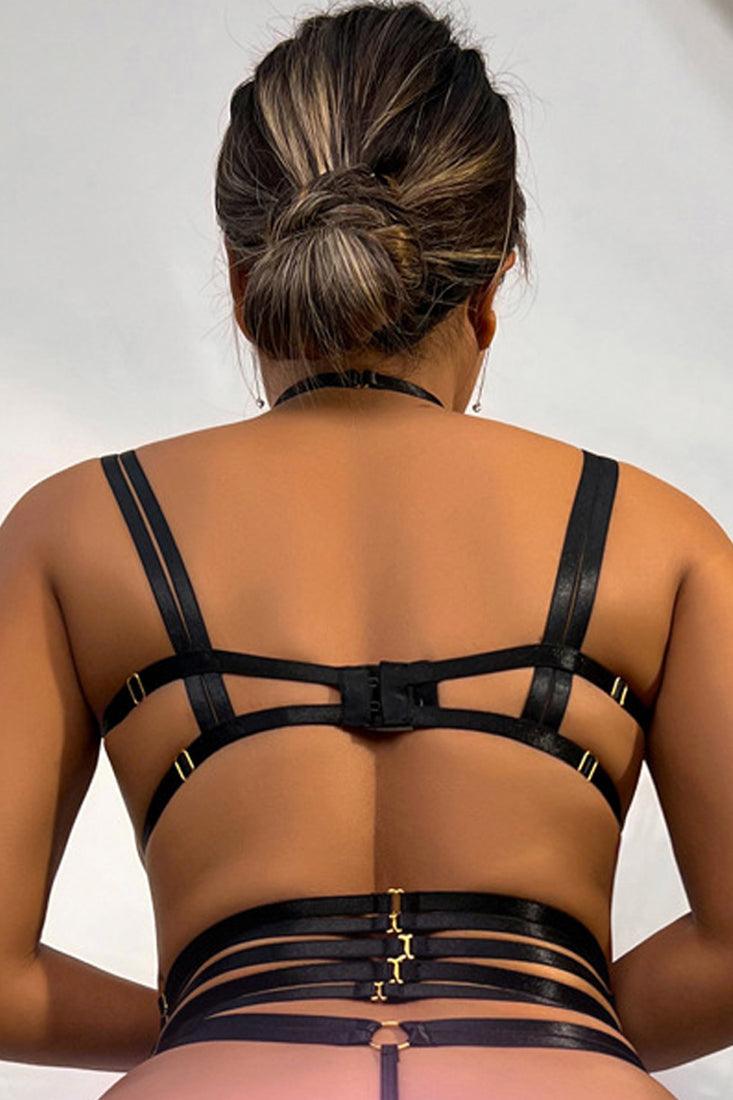 Sexy Black Strappy Cupless O-Ring Detail Lingerie Set