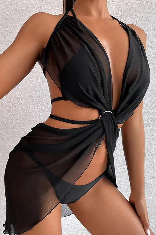 Sexy Black Strappy Ring Linked Halter 3 Pc Mesh Cover Up