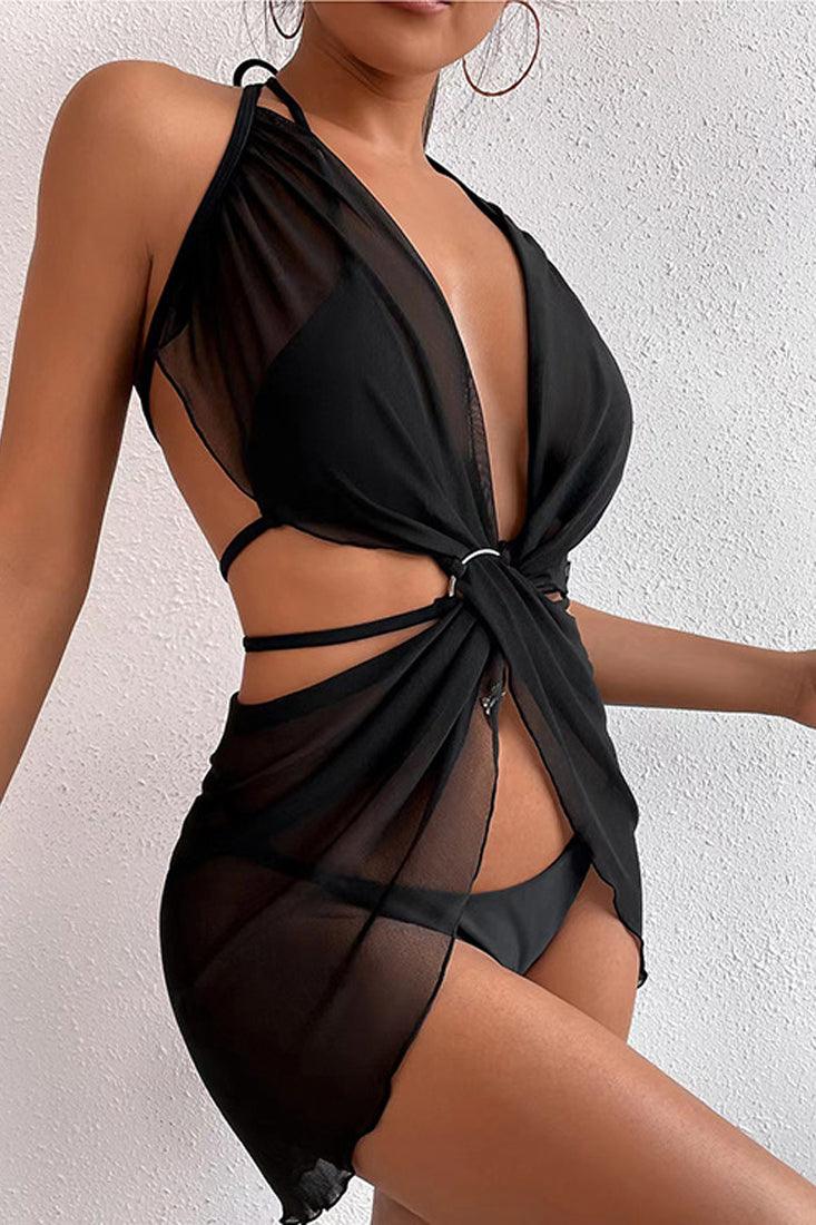 Sexy Black Strappy Ring Linked Halter 3 Pc Mesh Cover Up