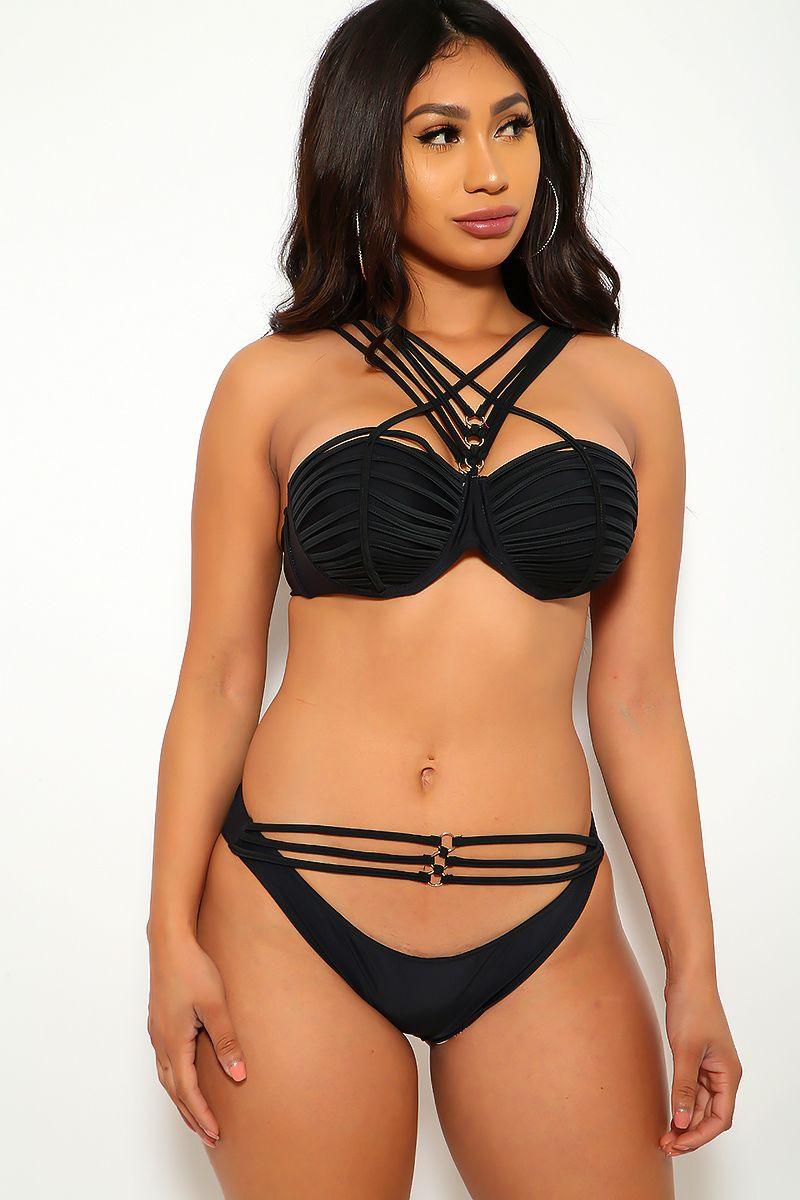 Sexy Black Strappy Two Piece Swimsuit