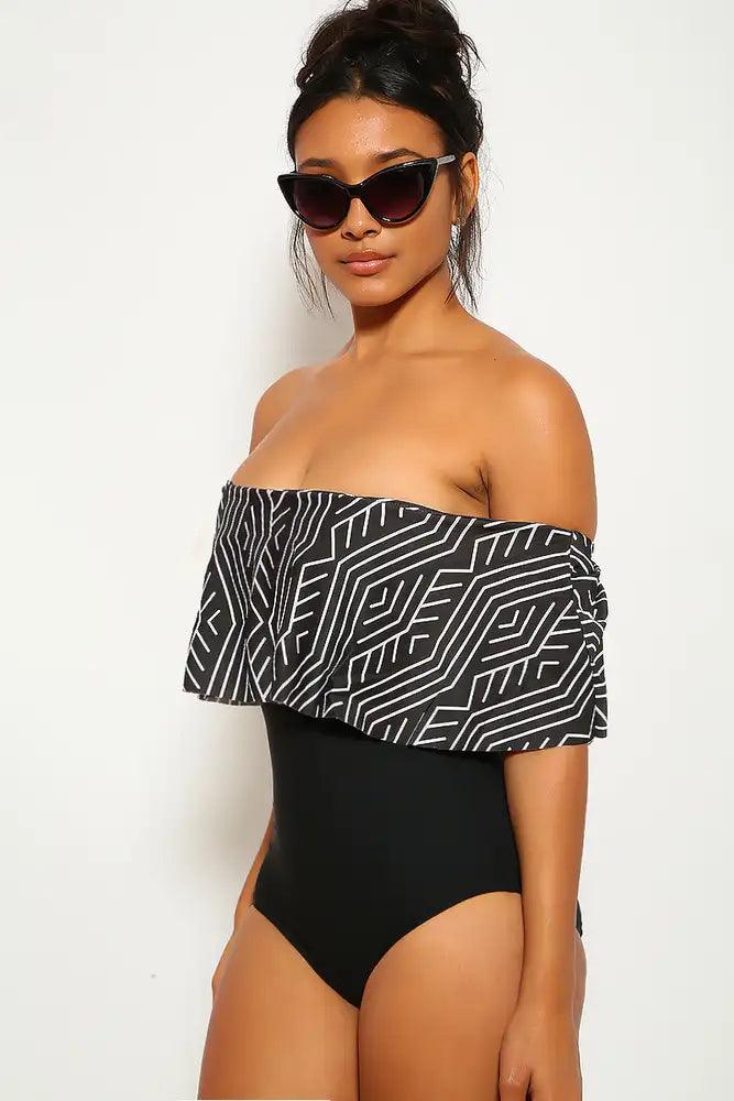 Sexy Black Two Tone Ruffled Hem Bandeau One Piece Swimsuit