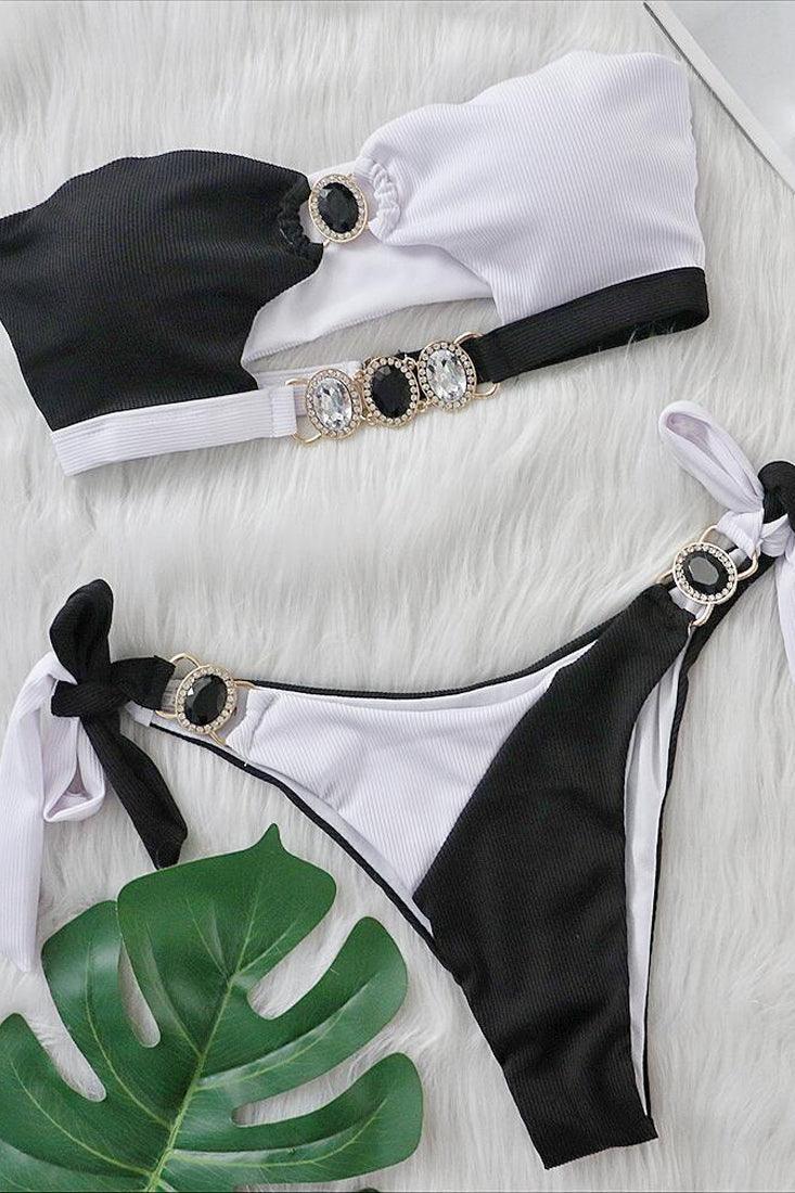 Sexy Black White Color Block 2pc Bikini Gemstones Cheeky Swimsuit