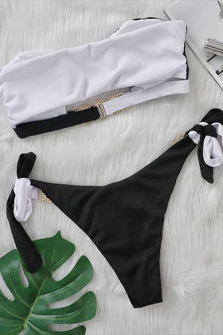 Sexy Black White Color Block 2pc Bikini Gemstones Cheeky Swimsuit