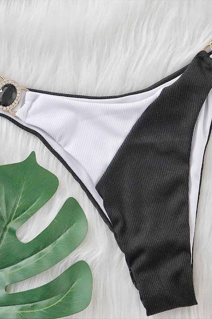 Sexy Black White Color Block 2pc Bikini Gemstones Cheeky Swimsuit