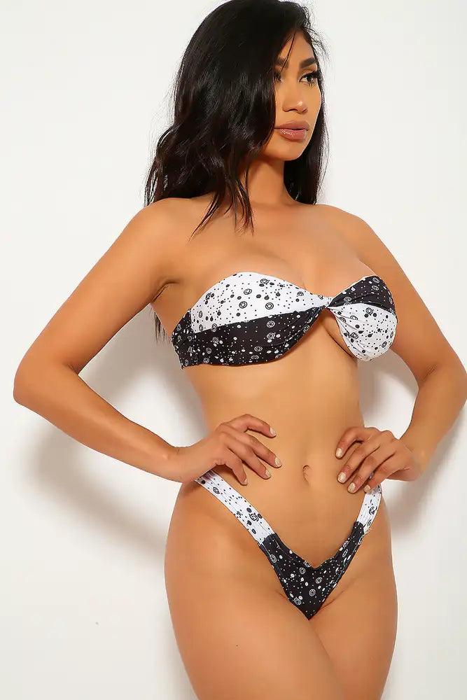 Sexy Black White Fun Printed Bandeau Two Piece Swimsuit