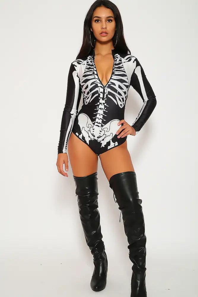 Sexy Black White Skeleton Bodysuit Zipper Costume - Babewear